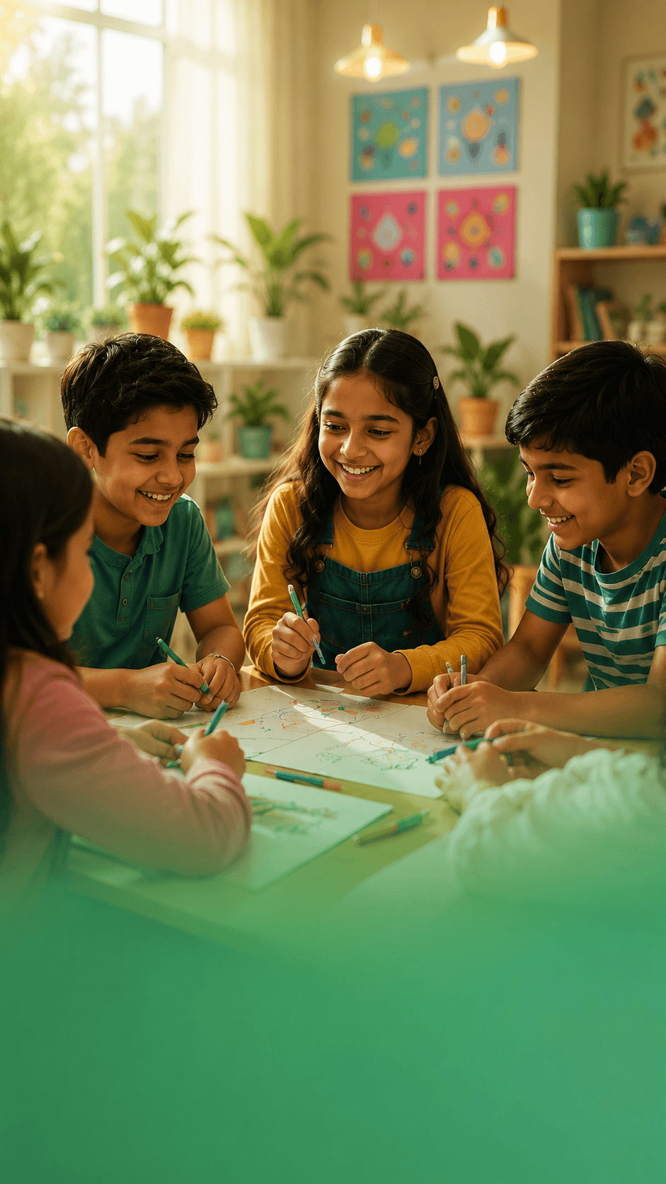 Children smiling while drawing together in a bright creative classroom.