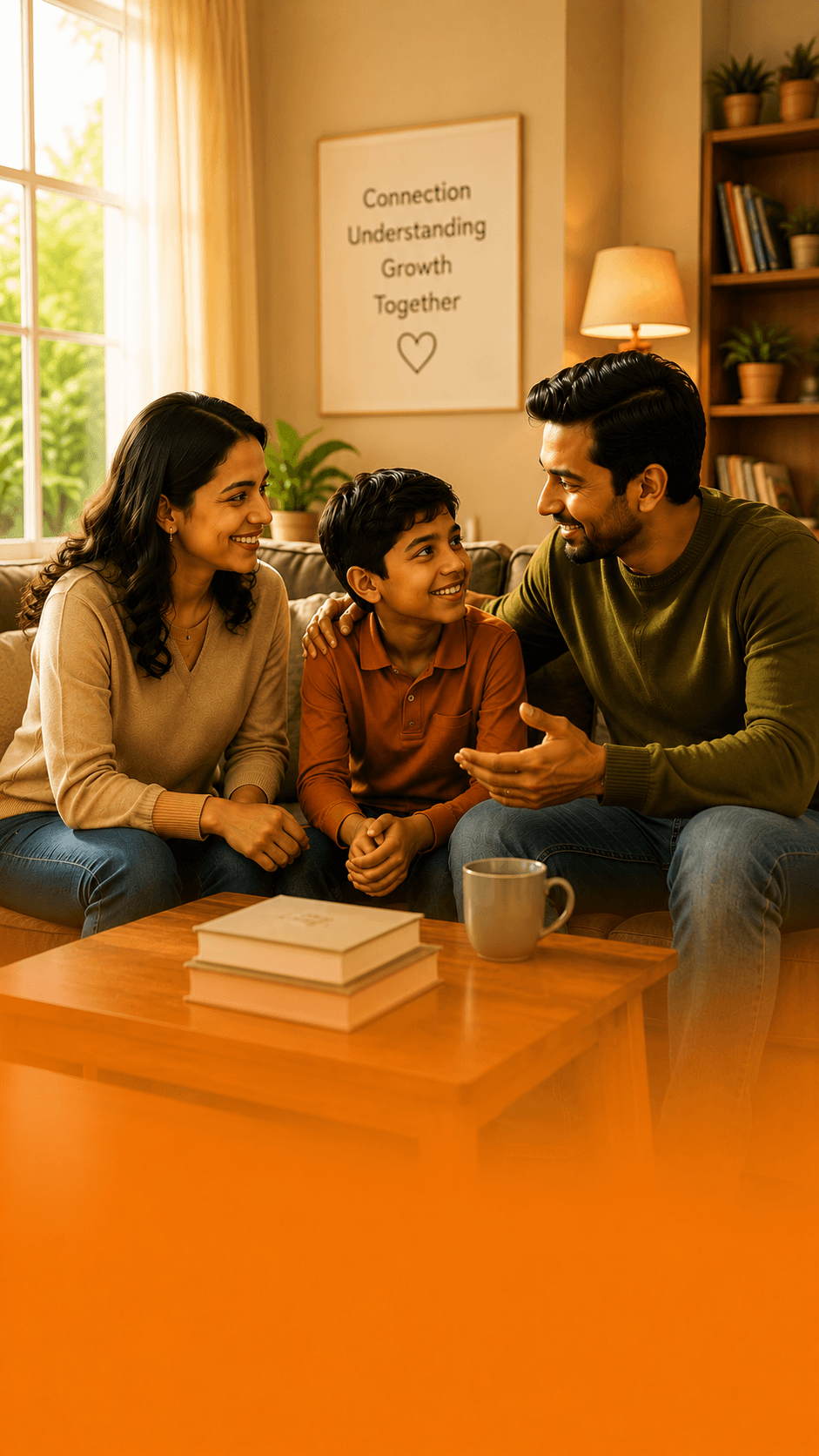 Parents and child sharing a warm conversation in a supportive home setting.