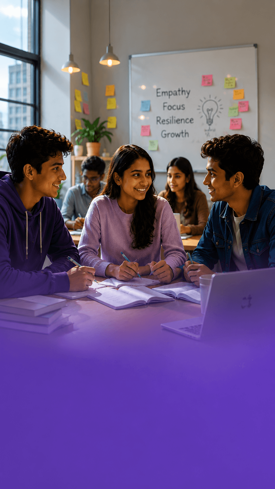 Teenagers collaborating in a classroom focused on empathy, resilience, and growth.